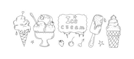 Ice cream drawings. Set of hand drawn linear icons, doodles. Ice cream, popsicle, ice. Hand lettering. Vector illustration, background isolated white.