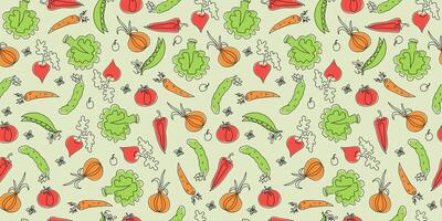 Vegetables pattern, line drawings. Set vegetarian food. One line drawing. Vector graphics. Seamless background.