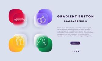 Wedding icon set. Limousine, car, machine, rings, diamond, gemstone, gift, marriage proposal, groom, wife, man, woman, alcohol, glasses, gradient button. Marriage concept. Glassmorphism style. vector