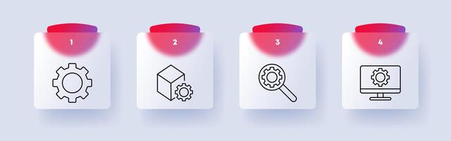 Setting icon set. Magnifying glass, gear, laptop, cube, square, numbering, computer, monitor, tuning, adjustment, optimization. Customizing something concept. Glassmorphism style. vector