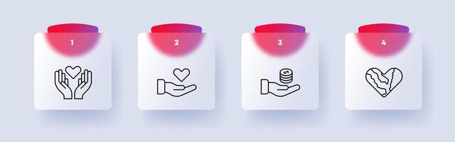 Charity icon set. Hands, gesture, silhouette, gift, offer, heart, money, helping those in need, numbering. All for one and one for all concept. Glassmorphism style. vector