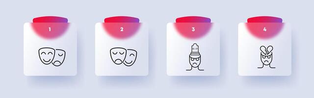 Mood icon set. Theater masks, smile, anger, man, silhouette, health care, angry face, gloomy, grave, numbering. Controlling your condition concept. Glassmorphism style. vector