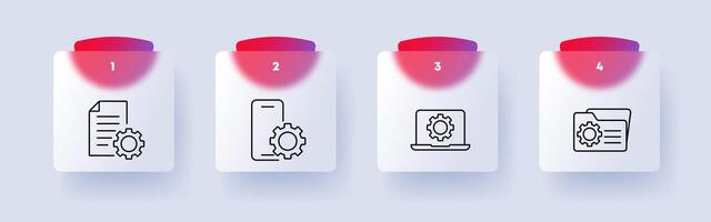 Setting icon set. Gear, cogwheel, , file, folder, data, computer, laptop, modern technology, object, text, flat style, tuning, numbering, adjustment, optimization. Glassmorphism style. vector