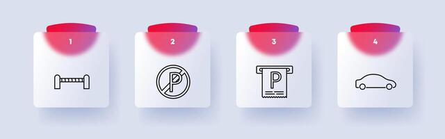 Tax set icon. Garage, check, parking ban, machine, car, parking, pitstop, P, numbering, silhouette, flat design, stop, fencing, barrier, sign, design, interface. Glassmorphism style. vector