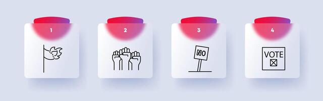 Uprising icon set. Flag, fire, hand, fist, no, banner, sign, voting, community, rebels, uprising, flat design, numbering. Fight against the regime concept. Glassmorphism style. vector