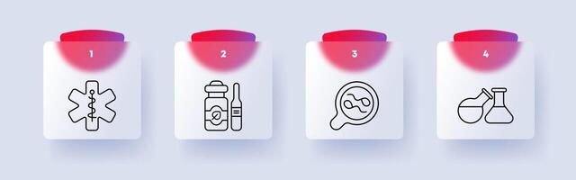 Medical equipped icon set. Ointment, jar, equipment, magnifying glass, liquid, flask, cross, snake, symbol, sign, flat design, anatomical structures. Medical research concept. Glassmorphism style. vector