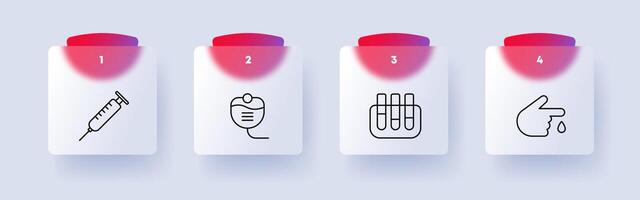 Medical equipped icon set. Syringe, container, needle, equipment, dropper, liquid, flask, hand, finger, blood, flat design, numbering. Medical research concept. Glassmorphism style. vector