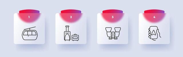 Travel set icon. Funicular, cable, cabin, fork, pointer, sign, binoculars, lens, numbering, stove, firewood, hobby, rest. Tourism and wandering concept. Glassmorphism style. vector