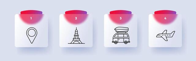 Travel set icon. Geolocation, location, marker, Eiffel Tower, flight, plane, attraction, loaf, car, motorhome, numbering, hobby, rest. Tourism and wandering concept. Glassmorphism style. vector