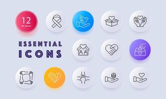 Donations icon set. Ribbon, fight cancer, hands, heart, offer, box, support, gradient, house, teamwork, bird, money, support. The concept of good nature and helping others. Neomorphism style. vector