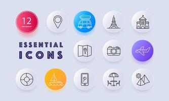 Travel set icon. Sights, geolocation, castle, pyramids, sun, tourism, Eiffel Tower, map, location, culture, yacht, plane, camera, search, phone, car, recreation, entertainment. Neomorphism style. vector