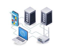 Wifi network tethering router internet computer data server concept, flat isometric 3d illustration vector