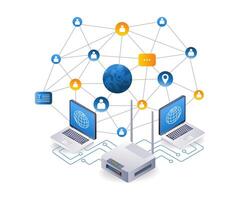 World internet usage network concept, flat isometric 3d illustration vector