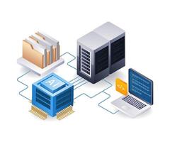 Web data server artificial intelligence control, flat isometric 3d illustration vector