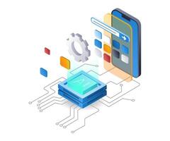 el proceso de creando un teléfono inteligente solicitud con artificial inteligencia, plano isométrica 3d ilustración vector