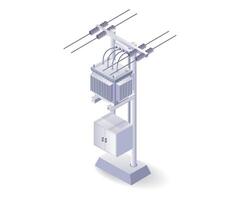 Technology power line pole with transformer flat isometric illustration vector