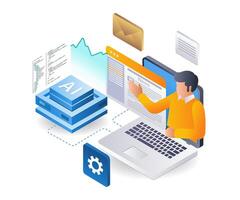 Studying school with artificial intelligence applications, flat isometric 3d illustration vector