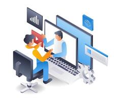 Team having virtual discussion, flat isometric 3d illustration vector