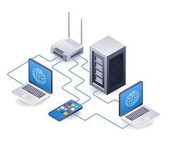 Tathering system for computer network server developer concept, flat isometric 3d illustration vector