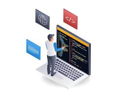 Programmer is completing his assignment, flat isometric 3d illustration vector