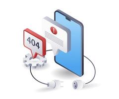 Smartphone affected by error code 404, flat isometric 3d illustration vector