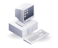 Retro computer technology concept, flat isometric 3d illustration vector