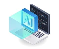 Programmer cooperation with artificial intelligence concept, flat isometric 3d illustration vector