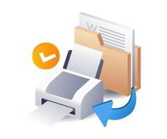 Printing computer folder data concept, flat isometric 3d illustration vector