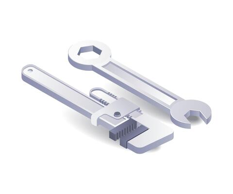 Pipe wrench and wrench set flat isometric 3d illustration
