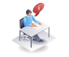 Man writing information on paper, flat isometric 3d illustration vector