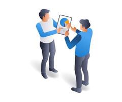 Man showing business development analysis, flat isometric 3d illustration vector