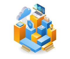 Management of analyst server data with artificial intelligence, flat isometric 3d illustration vector