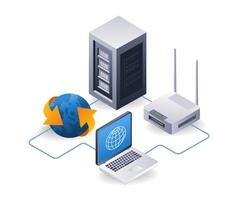 Internet network router computer server concept, flat isometric 3d illustration vector