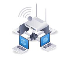 Internet router usage network concept, flat isometric 3d illustration vector