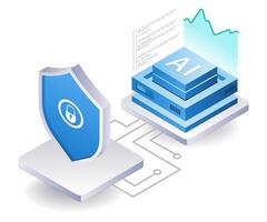 datos seguridad con artificial inteligencia tecnología, plano isométrica 3d ilustración vector