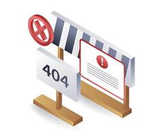 error 404 advertencia firmar, plano isométrica 3d ilustración vector