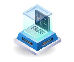 Developer application computer programmer room, flat isometric 3d illustration vector