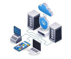 End point data security cloud server application technology concept, flat isometric 3d illustration vector