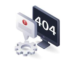 computadora advertencia error 404, plano isométrica 3d ilustración vector