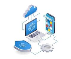 Computer security data cloud server smartphone application, flat isometric 3d illustration vector