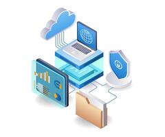 Computer data security cloud server artificial intelligence concept, flat isometric 3d illustration vector