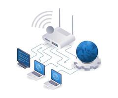 Computer internet router usage network concept, flat isometric 3d illustration vector