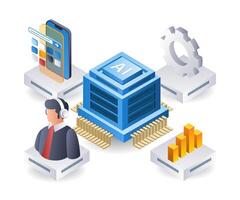 Business server artificial intelligence network management, flat isometric 3d illustration vector