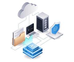 Cloud server analyst web developer, flat isometric 3d illustration vector