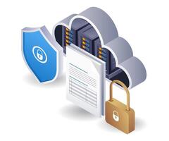 Cloud server data security lock, flat isometric 3d illustration vector