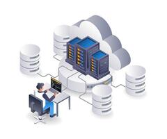 Business cloud server management operator, flat isometric 3d illustration vector