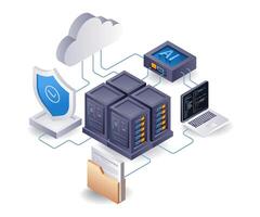 artificial inteligencia para nube servidor seguridad, plano isométrica 3d ilustración vector