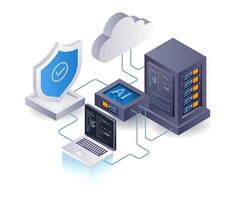 artificial inteligencia para nube servidor seguridad, plano isométrica 3d ilustración vector