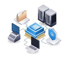 Artificial intelligence technology controls cloud server security, flat isometric 3d illustration vector