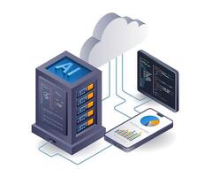 artificial inteligencia nube servidor programador, plano isométrica 3d ilustración vector